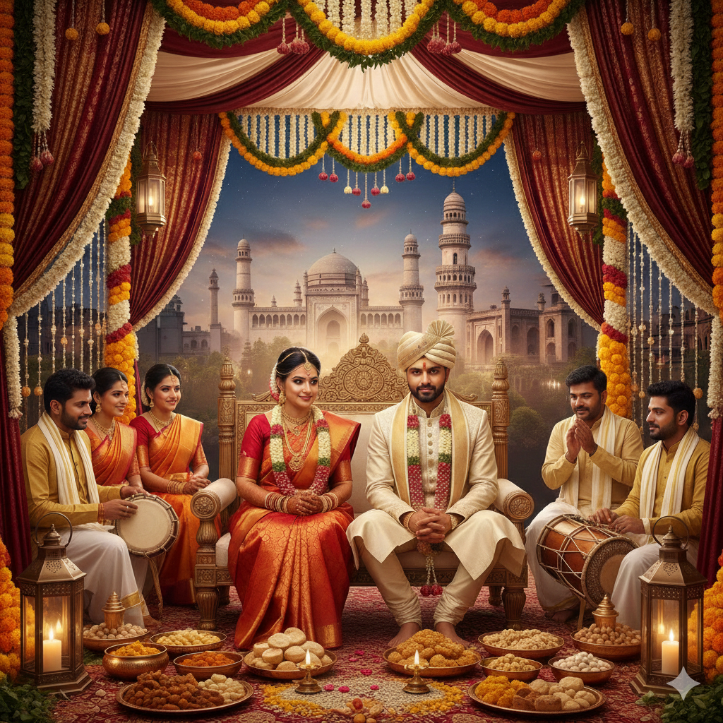 Hyderabad Matrimony – Happy Indian Bride and Groom with Family